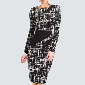 Homeyee Elegant Black and White Long Sleeve Dress SIZE 12